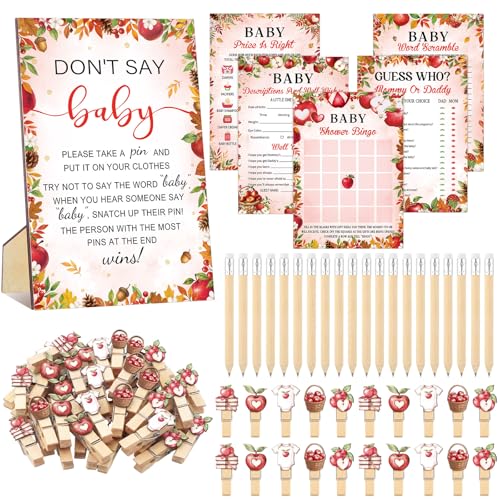 Image of Patelai 321 Pcs / 5 Set Apple of Our Eye Babyshower Bingo Game Include 50 Activity Cards 20 Pencils 1 Don't Say Baby Sign and 50 Clothespins for Boys Girls Gender Reveal Party Supplies