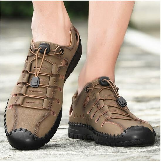 Image of Robbie jones Men's Casual Breathable Lace-up Sandals, Black, Comfort Walking Shoes