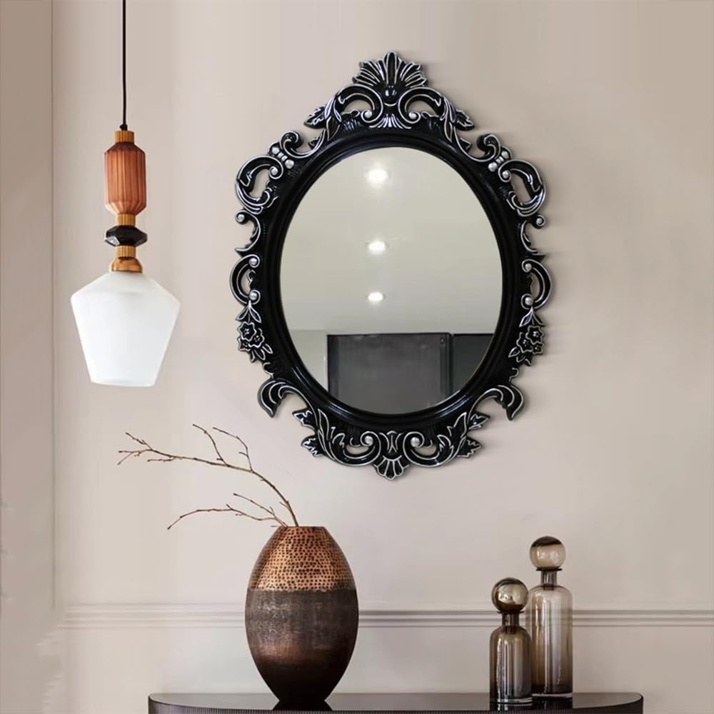 SXFSDOU Oval Mirror Baroque Style, Antique Gold for Living Room, Ornate Wall Mirror, Vintage Decor PU Framed Bathroom 54 * 75cm/21 30in(Black+silver,54 30in)
