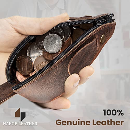 Image of Rustic Leather Mouse Coin Purse Change Pouch Holder Cute Design YKK Zipper Handmade By Nabob Leather (Rustic Brown)