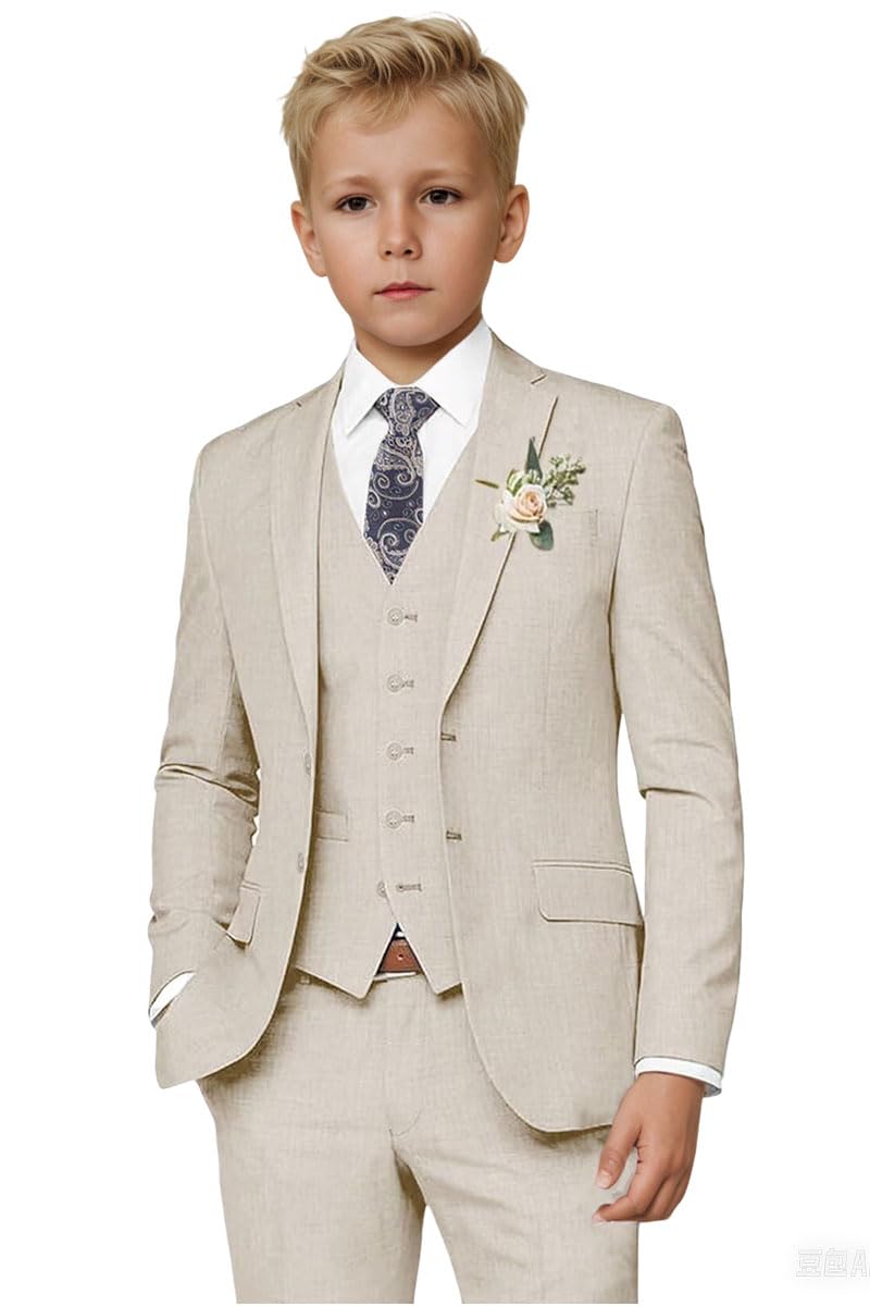 Botong Boys Linen Suit for Summer Wedding 3 PC Notch Lapel Kids Tuxedos Toddler Formal Wear Beige 12T