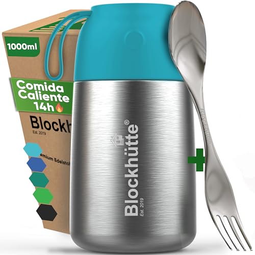 Blockhütte Termo Comida Caliente de acero inox I 1L I Con Cepillo y Cuchara - Termo para Comida Caliente até 14 h - Fiambrera Termica para adultos y niños - Recipientes Termicos – turquesa