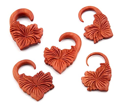 JewelryVolt Pair Organic Tribal Floral Leaf Carved Sawo Wood Ear Hanging Hook Plugs Gauges2