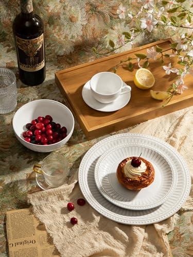 Image of Famiware Garden 18-Piece Embossed Plates and Bowls Sets, Stoneware Reactive Glaze Dishes Dinnerware Set, Modern Rustic, Chip & Scratch Resistant, Microwave & Dishwasher Safe, Service for 6, White