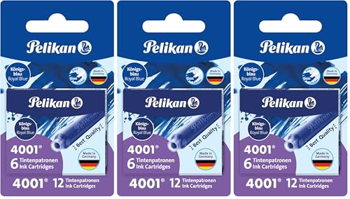 Pelikan 4001   Recambios de tinta para pluma estilográfica (12 unidades), color azul real (Paquete de 3)