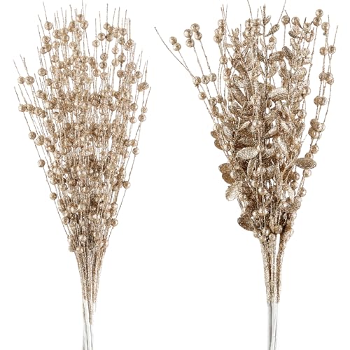 CristBest 24-Pack Christmas Tree Picks Ornaments, Artificial Glitter Berry Stem Glittery Twigs Ornaments for Christmas Tree Decorations, Small Vase, Holiday, Wedding, Party Decorations (Champagne) - image 1