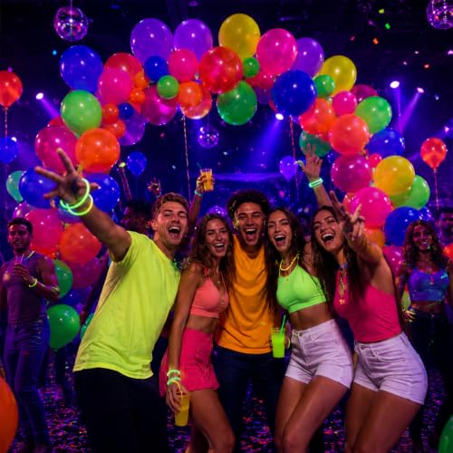 Image of 100 Pcs UV Neon Balloons, Neon Glow Party Balloons UV BlackLight Balloons glow in the dark party supplies for Birthday Decorations Wedding Glow Party Supplies Light up Balloons