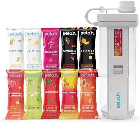 Selah Flavored Water Bottle - Water Enhancer, Sugar Free, Vitamin Infused Water - 20oz Water Bottle With Flavor Pods Included - Energy Drink, Strawberry, and Sports Drink Pods (White, 10 Flavor Pods)