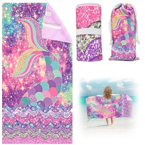 Cyiecw 75 x 150 cm Toalla de playa de sirena para niñas, toalla de playa de secado rápido con...