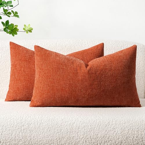 Image of MIULEE Pack of 2 Rust Throw Pillow Covers 12x20 Inch Soft Chenille Lumbar Pillow Covers for Sofa Living Room Couch Fall Home Decor Solid Dyed Cases