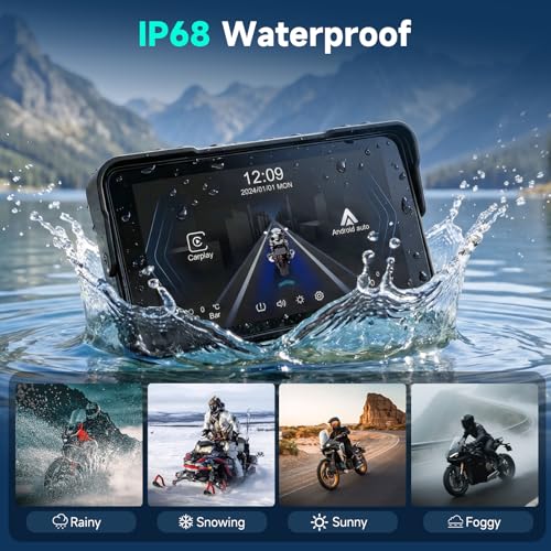 Image of 5 Inch Motorcycle CarPlay Screen with TPMS Sensors, Wireless Android Auto, Handlebar Control Power Cable, IP68 Waterproof Portable Motorcycle GPS Display