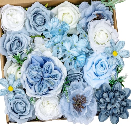 BSMYBO Artificial Flowers Combo Dusty Blue Flower Bouquets Mix Silk Flowers Dahlia Roses for DIY Bridal Wedding Bouquets, Baby Shower Decorations Fake Floral Arrangements Table Centerpieces Home Decor