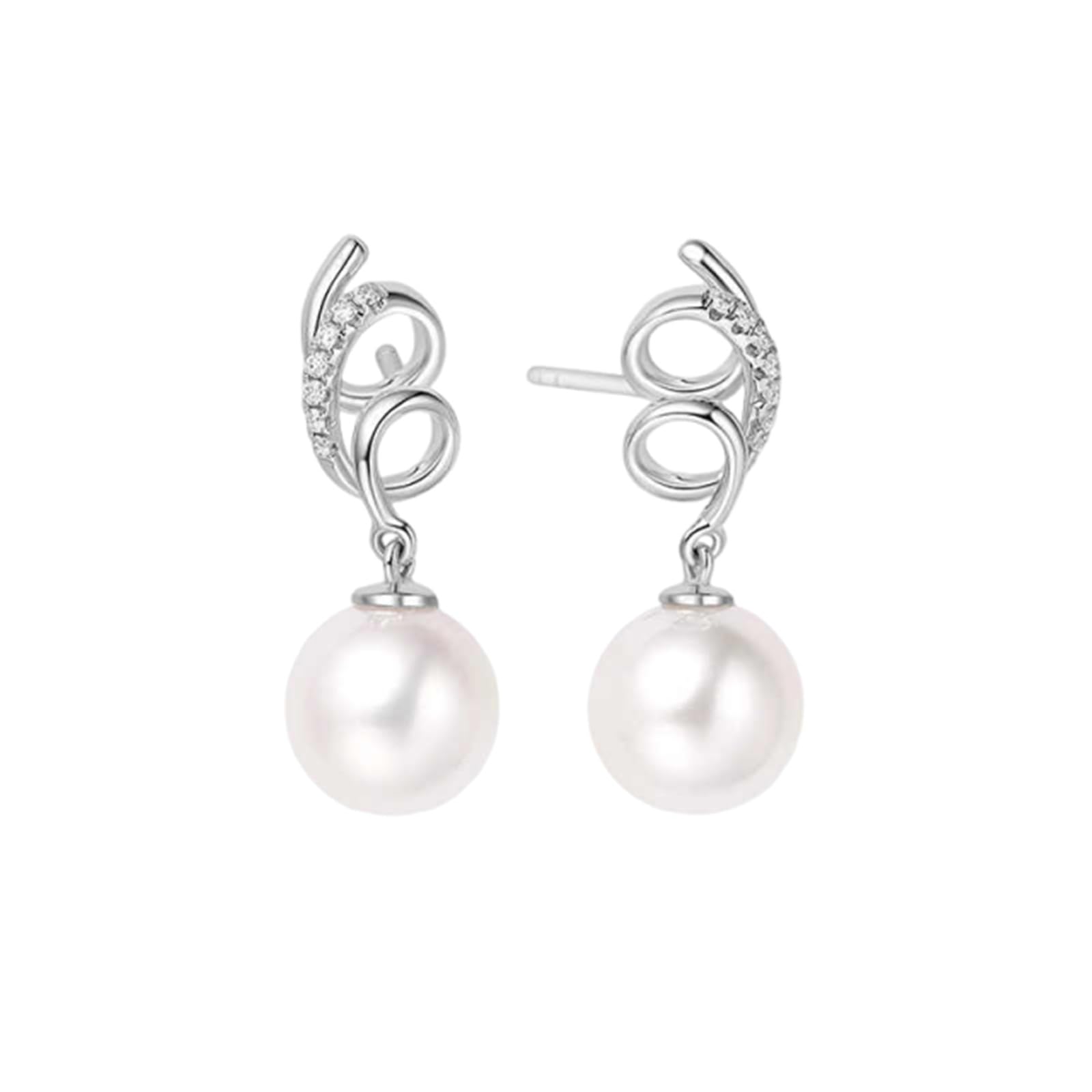 Orecchini Pendenti, Oro Bianco Orecchini di diamanti con perla pendente 7,5-8 mm