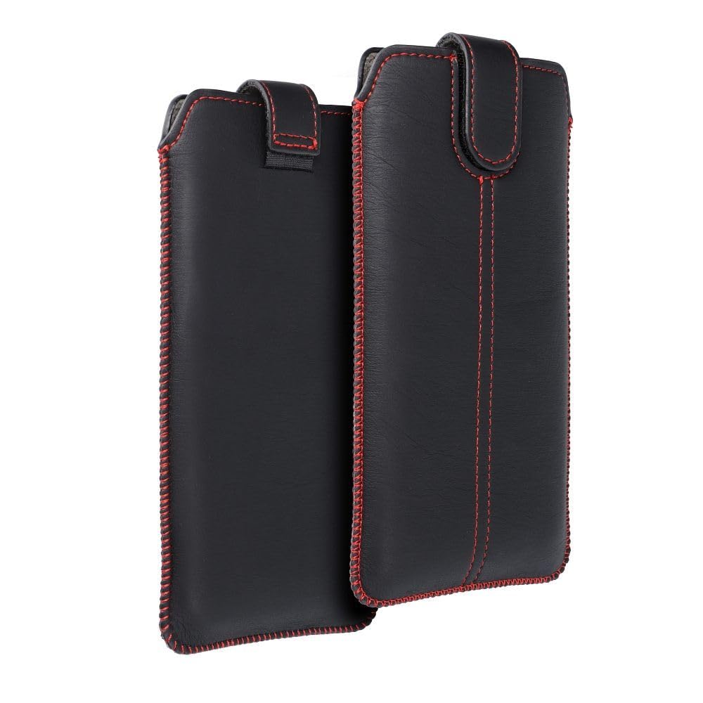 Generisch Universal 6" Handy Tasche Hülle Etui schwarz-rot/Innenmaß 15x8cm | kompatibel u.a mit Apple iPhone 12 13 14 15 16 Pro, Samsung Galaxy S23 S24 S25 S26, mit Klettverschluss & Auszugband