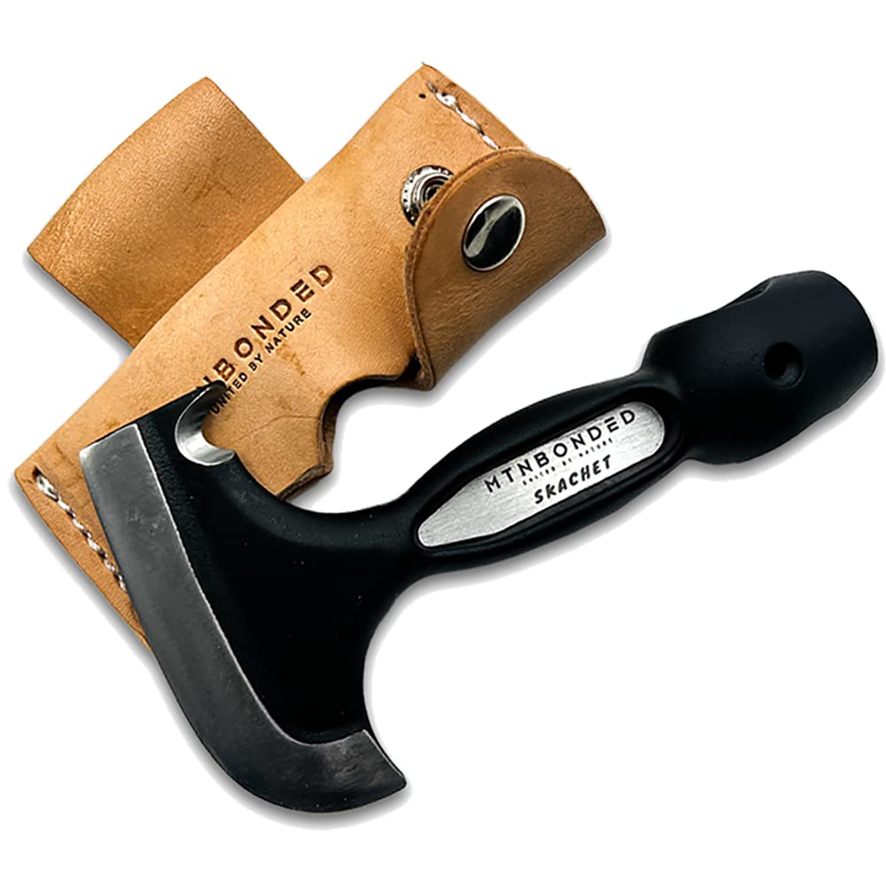 MTN Bonded Skachet Axe Head Skinner Hammer Hatchet Vintage Survival Tool - 3.5in Carbon Steel Blade Edge Bushcraft Axe - Genuine Leather Sheath, Belt Loop - Outdoor Survival Ax Skatchet EDC Multitool