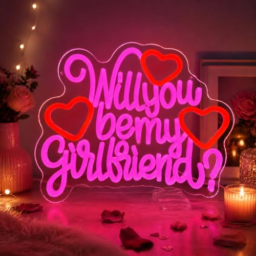 Image of Will You Be My Girlfriend Neon Sign for Wall Decor Pink LED Light Sign for Room Decor Dimmable Light Up Sign for Birthday Party Decoration USB Powered
