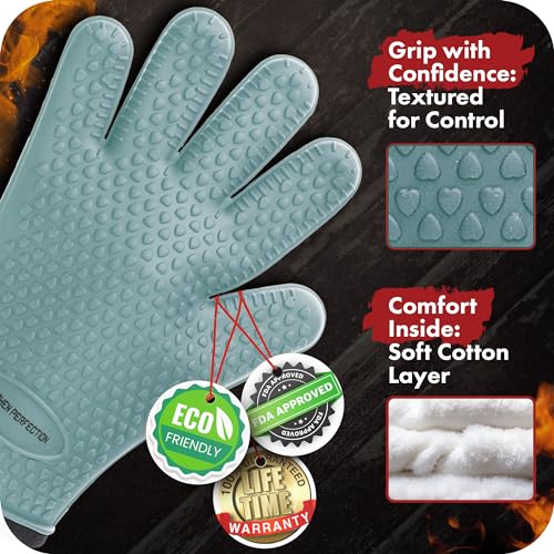 Image of KITCHEN PERFECTION S Silicone Smoker BBQ Gloves - Heat Resistant Oven Mitts | Waterproof, 5-Finger Design For A Better Grip, for Pitmasters, Meat Smoking, Grilling, Cooking, Frying Turkey | Grill Gift