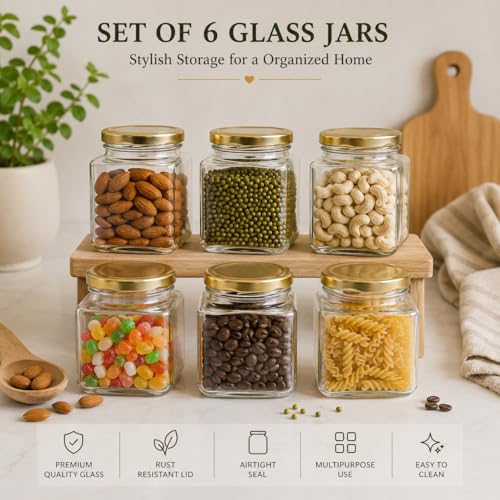 Image of Pure Source India Premium 150gm, 6 Pcs Glass Jar with Gold Lug Cap | Airtight Food Storage Jar for Honey, Jam, Pickles, Spices & Preserves