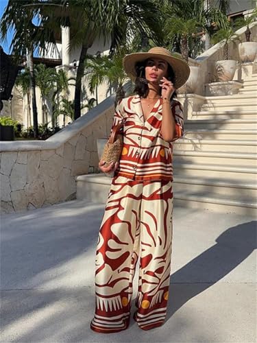 Women's Vintage Print Wide Leg Pants Suit Casual Loose Lapel V Neck Short Sleeve Shirt Set2