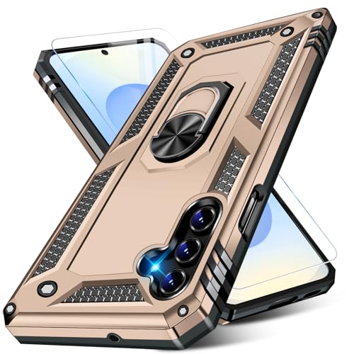 Image of Heavy Duty Case for Samsung Galaxy S25 Plus Phone Case with Screen Protector, Military Grade Shockproof Rugged Protective Cover for Samsung S25 Plus, with Metal Ring Magnetic Kickstand (Gold)