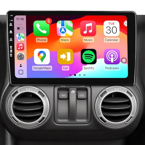 Car Radio Stereo for Jeep Wrangler JK 2007-2018 Dodge Ram 2009-2012 Android 13/ 10inch QLED IPS Touch Screen/Wireless Carplay/Android Auto/Bluetooth/GPS Navigation/WiFi/5G/1080P Back-up Camera/SWC/FM