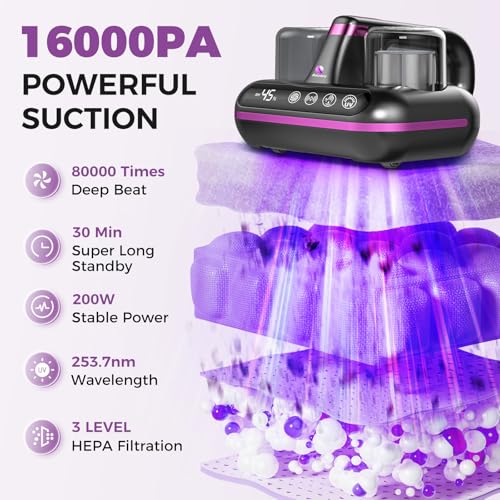 Image of Amzany Mattress Vacuum Cleaner - 5-in-1 Cordless Bed Vacuum Cleaner, Powered by Ultrasonic Technology, 16Kpa Strong Suction,Low Noise,Suitable for Dust, Pet Hair, Etc - Gray Purple
