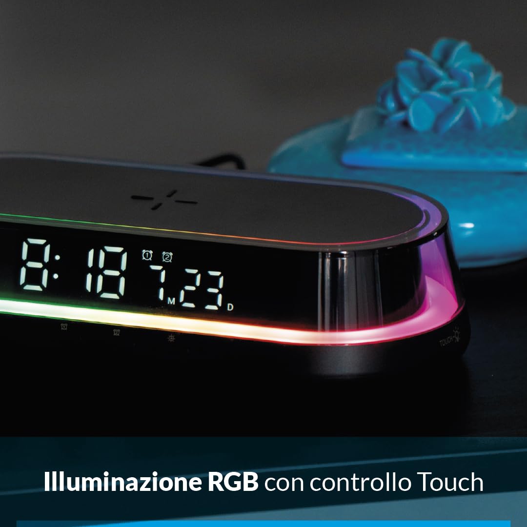 Rainbow Stazione da Comodino Multifunzione con Lampada LED RGB, Orologio Digitale, Sveglia, Temperatura e Ricarica Wireless Qi 15W, Display LED USB-C (Nero)