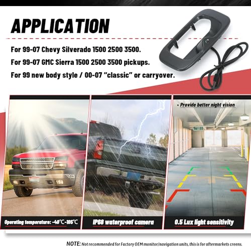Image of Tailgate Handle w /Backup Camera Compatible with Chevy Silverado /GMC Sierra 1999-2007 1500 2500 3500HD Pickups Reverse Rear View Backup Camera