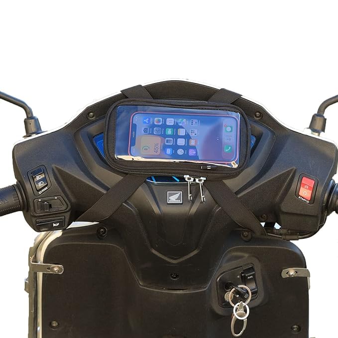 Image of Swissbell :- Polyester Handlebar Universal Mobile Holder Mount Pouch Bag Waterproof for Activa Jupiter EV Ola-S1 Pleasure Ntroq All Scooter Scooty Bike Fit 7 inches Phone (Black)