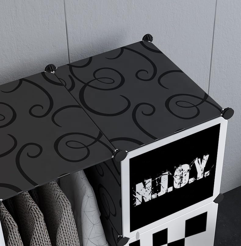 Image of AYSIS Almirah for Clothes, Plastic Soft Sheet Collapsible Wardrobe for Kids Toys /Books, Baby Cupboard for Storage in Bedroom Nursery, Cartoon (Black Print, 12-Shelf-12-Door)