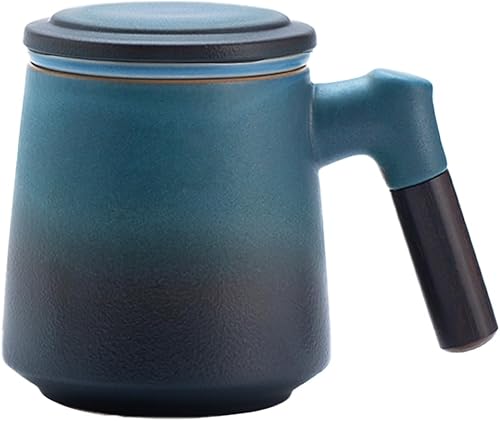 ZENS Taza de té con infusor y tapa, mango de madera, taza de té suelta de 12 onzas, taza de cerámica mate para regalos de té, negro y azul