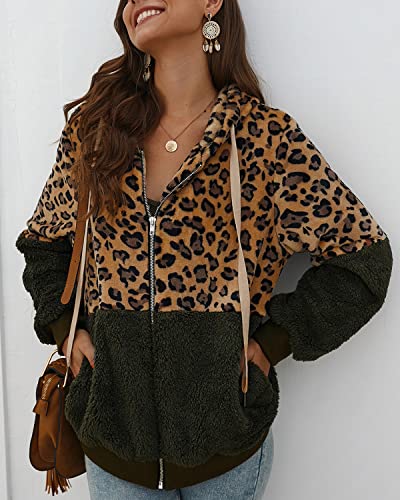 Womens Loose Fuzzy Zip Up Leopard Sherpa Hoodies Jacket Cheetah Hooded Zipper Fleece Sweatshirt Coat3