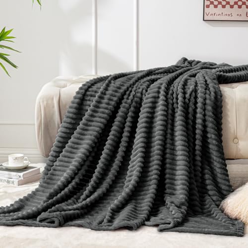 Image of BEDELITE Fleece Blanket Twin Size - 3D Ribbed Jacquard Soft and Warm Decorative Fuzzy Blankets - Cozy, Fluffy, Plush Lightweight Throw Blankets for Couch, Bed, Sofa(Charcoal Grey, 60x80 inches)