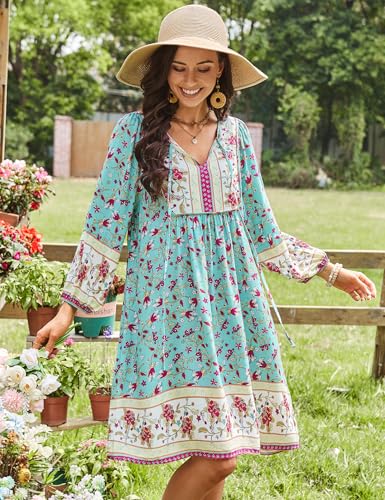Image of Bluetime Women Casual Summer Dress Boho V Neck 3 /4 Sleeve Babydoll Floral Print Flowy Beach Dress