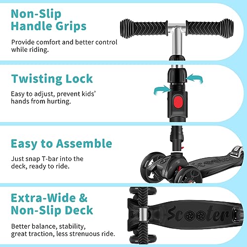 Beleev A5 Scooter For Kids, 3 Wheel Scooter For Toddlers Girls Boys, Light-Up Wheels, 4 Adjustable Height, Lean To Steer, Non-Slip Deck, Three Wheel Kick Scooter For Children Ages 3-12 (Black) #TOP6