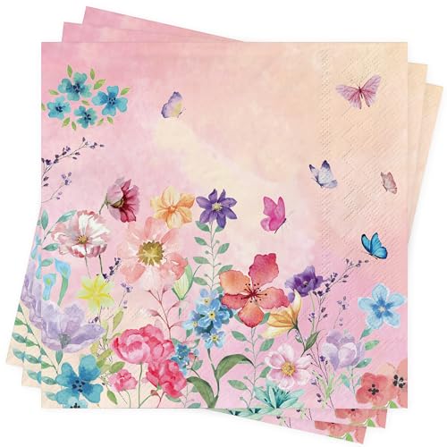 Linoows Servietten – 20 Stück, Tropisches Blumen & Schmetterlinge Design, 33x33 Cm