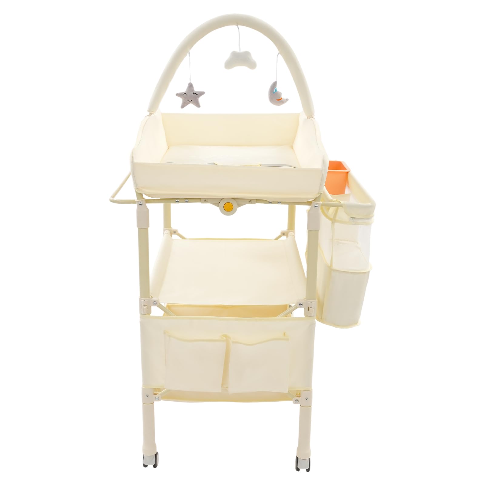 Cambiador de bebé beige con 2 cestas, altura ajustable 86-94 cm, capacidad de carga de 65 kg, 4 ruedas y cinturón de seguridad para dormitorio y habitación de bebé