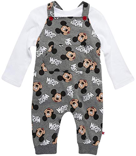 Disney Baby Boys Mickey Mouse 2PC Overall Set - Fleece Romper & Long Sleeve T-Shirt (Newborn/Infant), Size 18M, Dark Grey/Plain White