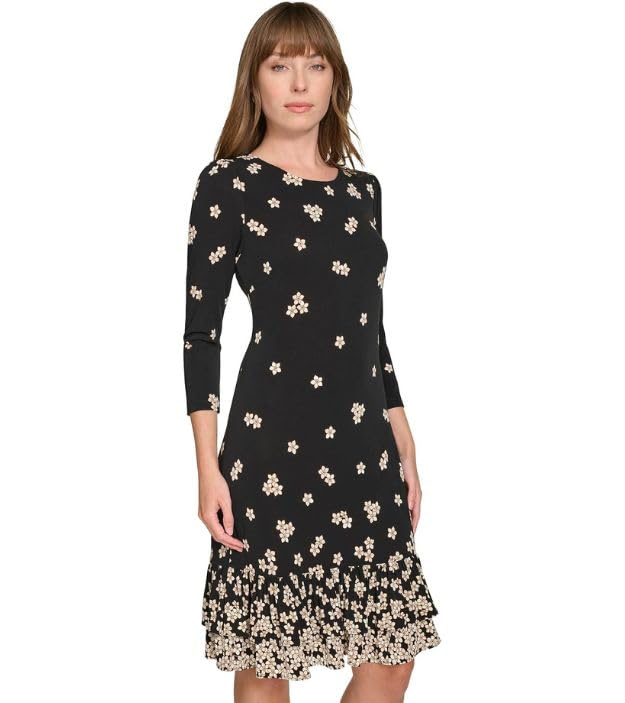 Image of Tommy Hilfiger Women's 3 /4 Sleeve Crew Neck Double Ruffle Hem Jersey Shift Mini Dress