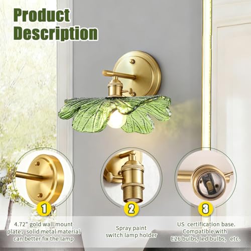 Image of Green Glass Sconce 2 Light Leaf Bathroom Vanity Light Mid Century | Vintage Wall Sconces Set of 2 Gold Wall Lamp, E26 Brass Base, Vanity Light fixtures, Living Room Hallway Entryway