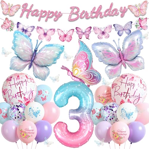Tasoraor Schmetterling Deko Geburtstag 3 Jahre Mädchen - 46 Stück Geburtstagsdeko Luftballons Girlande und Folienballon Rosa Schmetterlinge Ballons für 3. Kindergeburtstag Dekoration