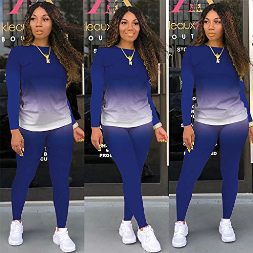 Tie Dye Women 2 Piece Outfits for Women Sexy Bodycon Outfits Plus Size Tracksuits Crewneck Long Sleeve T Shirts Pant Set Blue 2XL