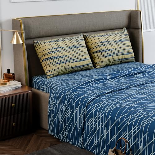 Image of Stoa Paris 100% Cotton King Size Bedsheet with 2 Pillow Covers, 180TC Printed Bedding Set, Breathable, All-Season Comfort, Soft & Lightweight, Home Decor, Urbanscape - Cerulean Beams (228cm x 274cm)
