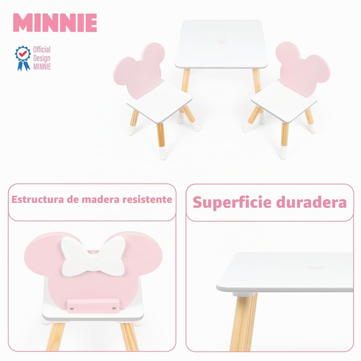 ARDITEX - Set de Mesa y 2 Sillas Infantiles de Madera - 50x50x44 cm y 26,5x26,5x50 cm - Ideal para Jugar, Pintar y Hacer Manualidades - Licencia Oficial Minnie Mouse