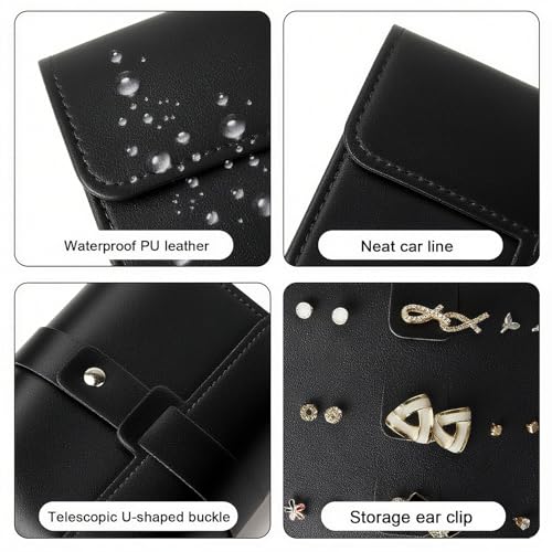 Image of LAKE OF FIRE Earring Holder Organizer with Foldable Book Design Book Organizer, Portable Pu Leather Travel Earring Case (Black)