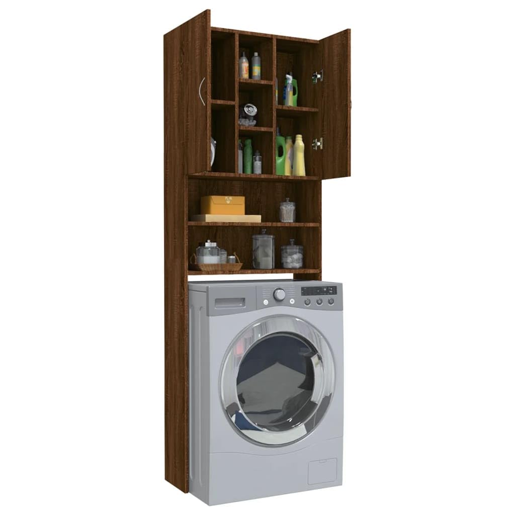 Meuble De Rangement Pour Lave-linge Et Sèche-linge - Bois D'ingénierie 64x24x190 Cm - 4 Compartiments, Couleur Chêne Marron - 10