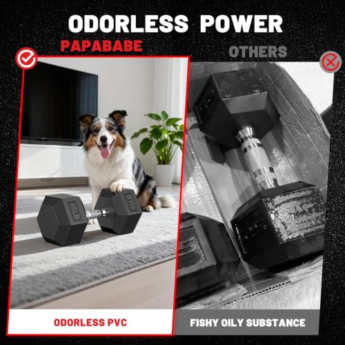 Image of PAPABABE 150-600lb Dumbbell Set with Rack, Rubber Encased Home Gym | Antiroll Durable Cast Iron Core Odorless PVC Free Weights, with 5 /6 Tier Rack