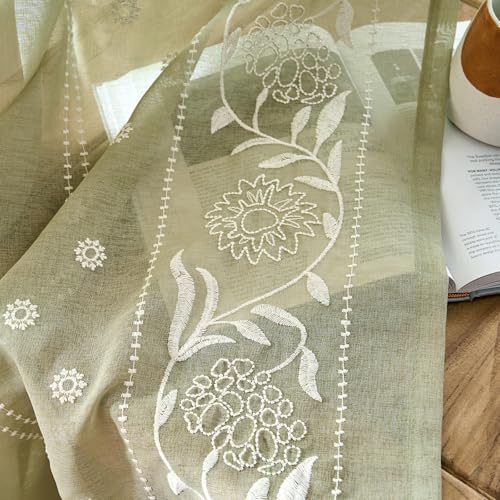Image of jinchan Winslow Sheer Curtains 63 Inch Length for Bedroom Bordered Floral Pattern Decorations Short Curtains for Windows Light Filtering Window Treatments, 50 inch x 63 inch, Ivory on Sage, 2 Panels