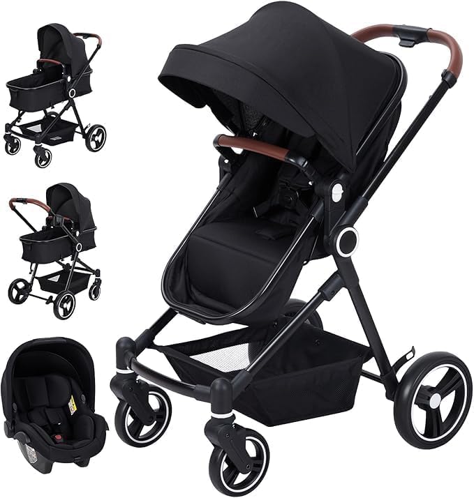 Baloveby Silla de Paseo Bebé 3 en 1 con Carro Plegable, Carrito Bebé Ligera con Respaldo Ajustable, Toldo Retráctil, Cesta de Almacenamiento, Ganchos y Portavasos Desmontables