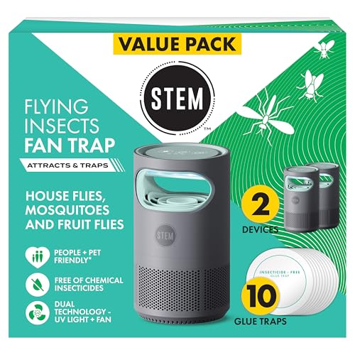 STEM Flying Insect Fan Trap for Indoor Bug Control, Attracts Mosquitoes, Fruit Flies, and House Flies, Plug-in Fan with UV Light, Starter Kit Includes 2 Devices and 10 Glue Traps